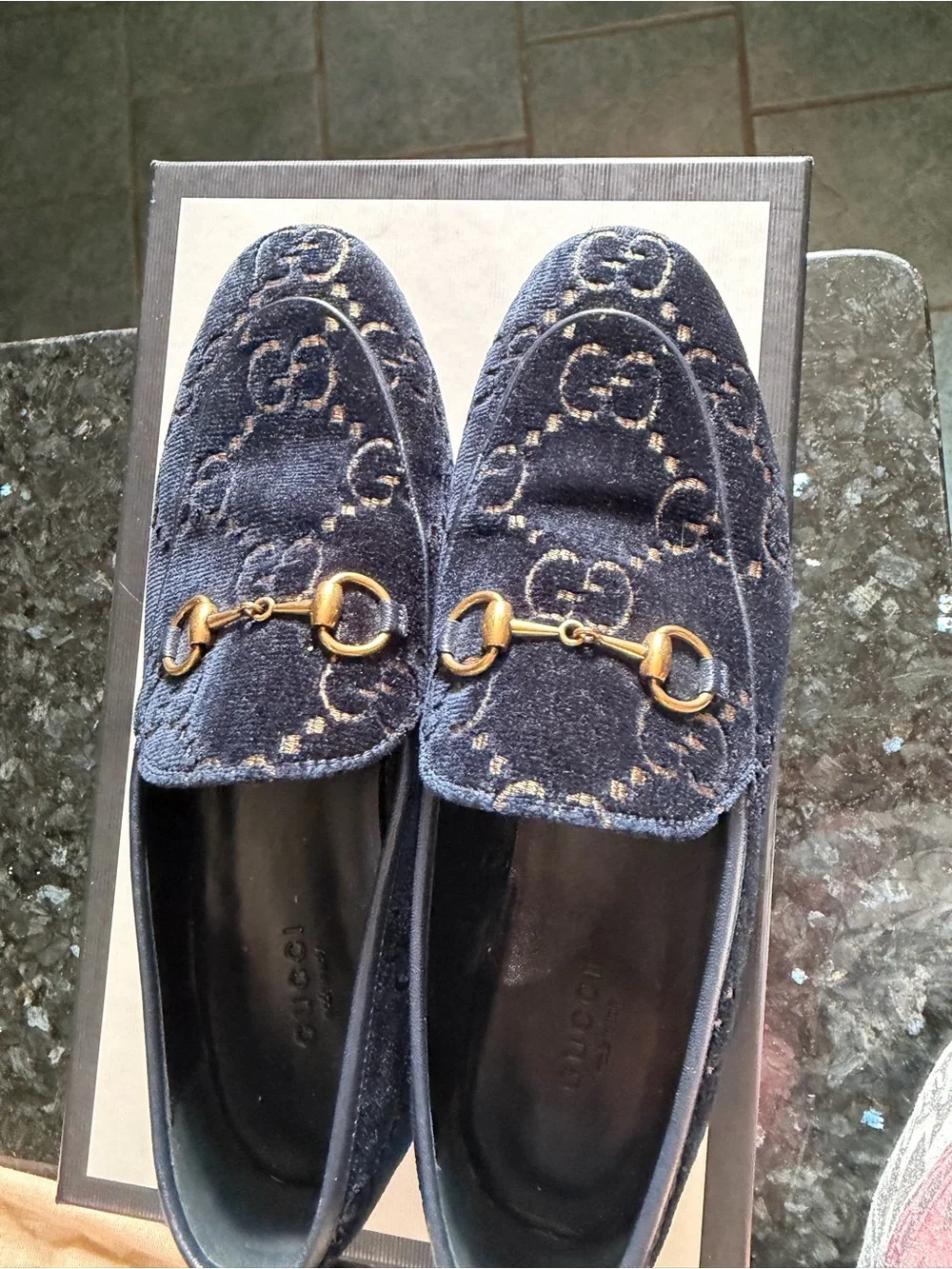 Gucci Women's Jordaan Navy Velvet Horsebit Loafers